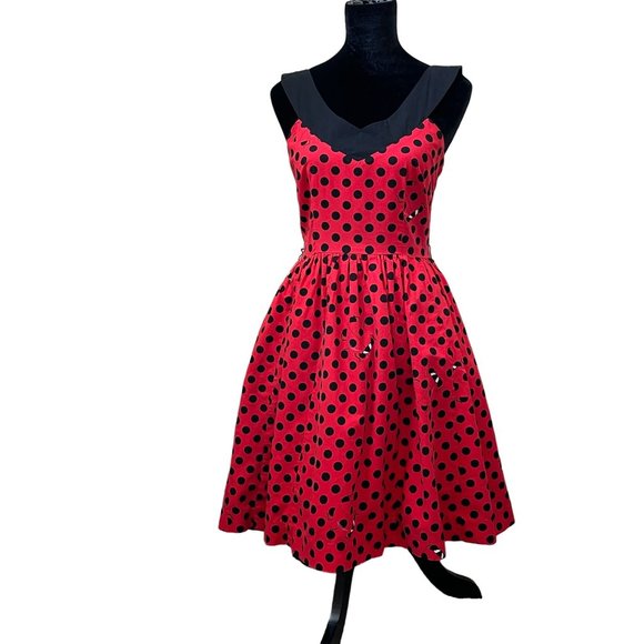 Bea & Dot Modcloth Dress Ladybug Polka Dot Sleevless V Neck Flare Retro Women XS - Picture 1 of 16